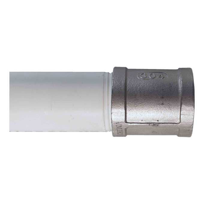 Metal drop pipe connector attached to white PVC pipe, handcrafted and made in USA, designed for deep well pump installations and compatible with water pump parts and tools collections.
