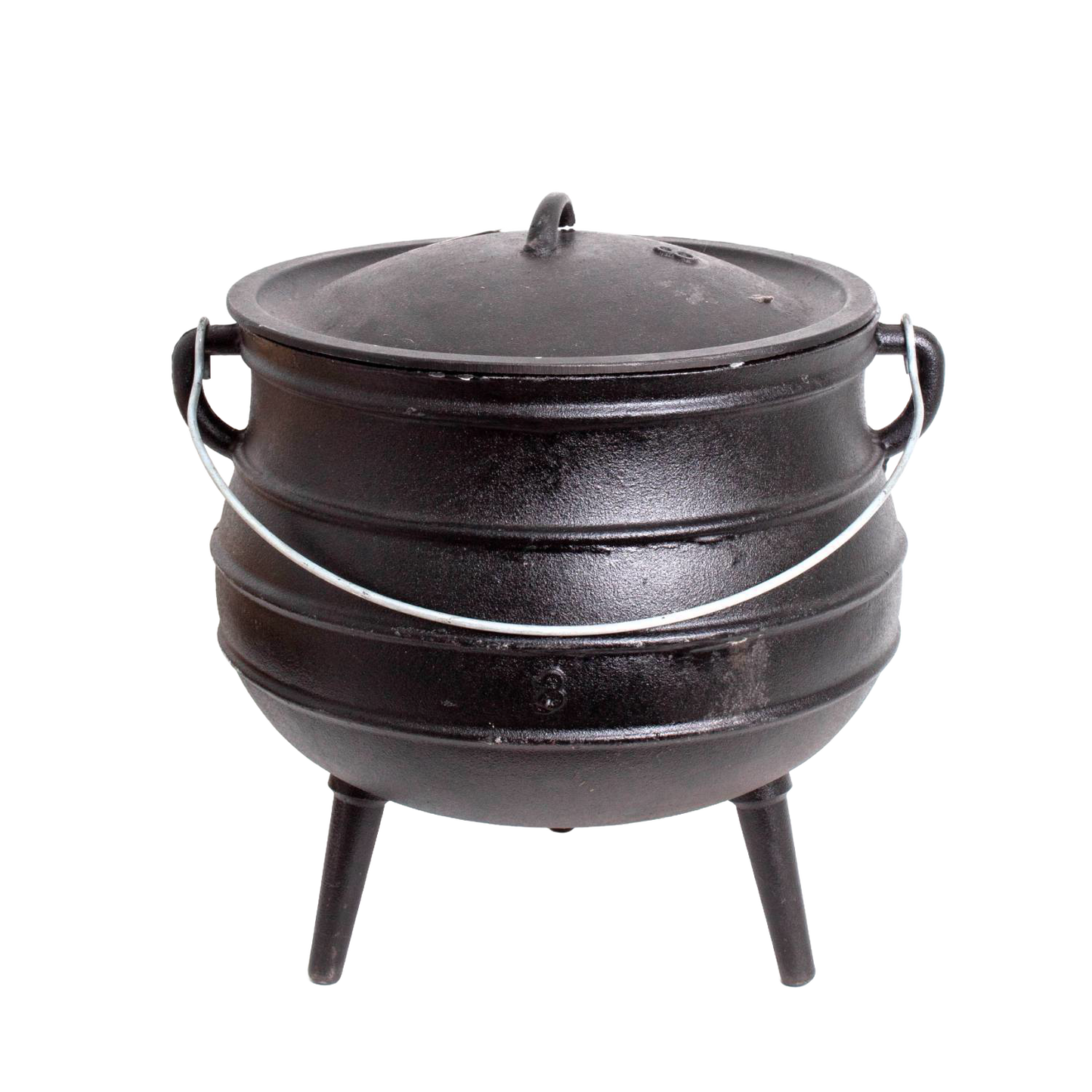 Handcrafted Amish cast iron kettle with a rounded body, fitted lid, wire bail handle, and three legs, designed for durable outdoor cooking in Farm, Garden & Tool, Camping collections.