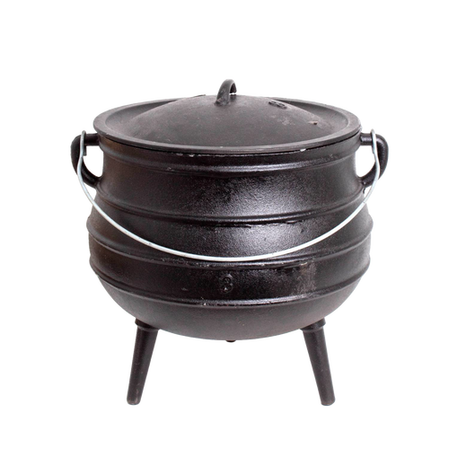 Handcrafted Amish cast iron kettle with a rounded body, fitted lid, wire bail handle, and three legs, designed for durable outdoor cooking in Farm, Garden & Tool, Camping collections.