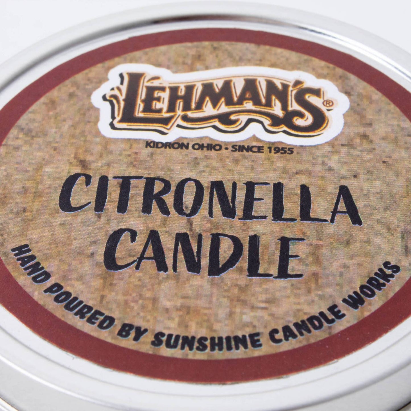 Hand-poured citronella candle in a lightweight metal tin with branded lid, crafted for use in camping, pest control, and outdoor lighting within Farm, Garden & Tool and Lamps & Lighting collections.