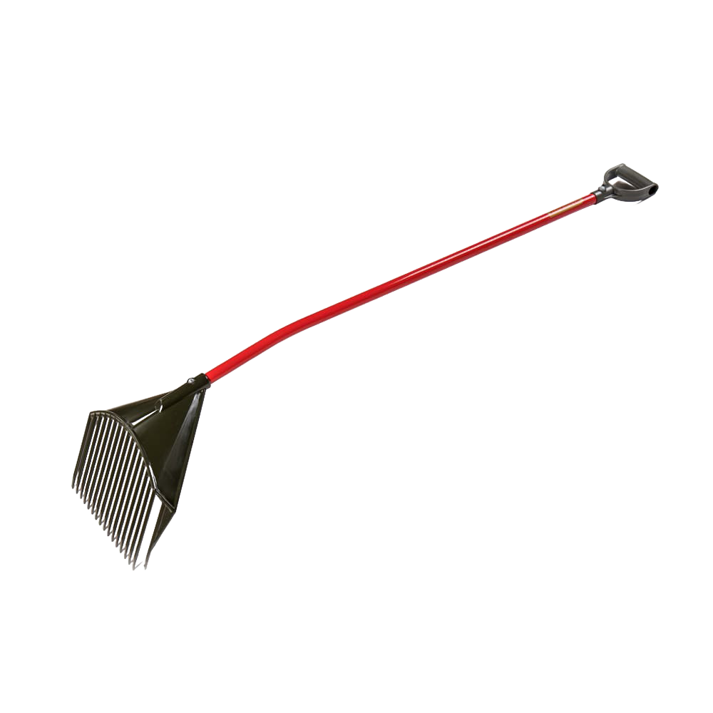 Unique handcrafted yard rake with a red ergonomic shaft and metal tines, designed for easy leaf and debris removal without bending, featured in Farm, Garden & Tool and Best Sellers collections.