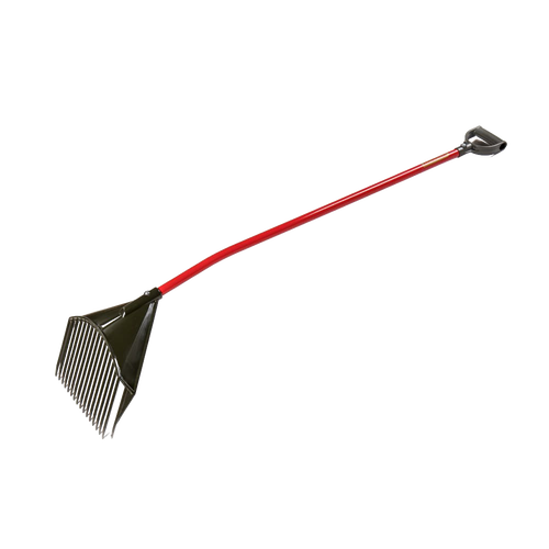 Unique handcrafted yard rake with a red ergonomic shaft and metal tines, designed for easy leaf and debris removal without bending, featured in Farm, Garden & Tool and Best Sellers collections.