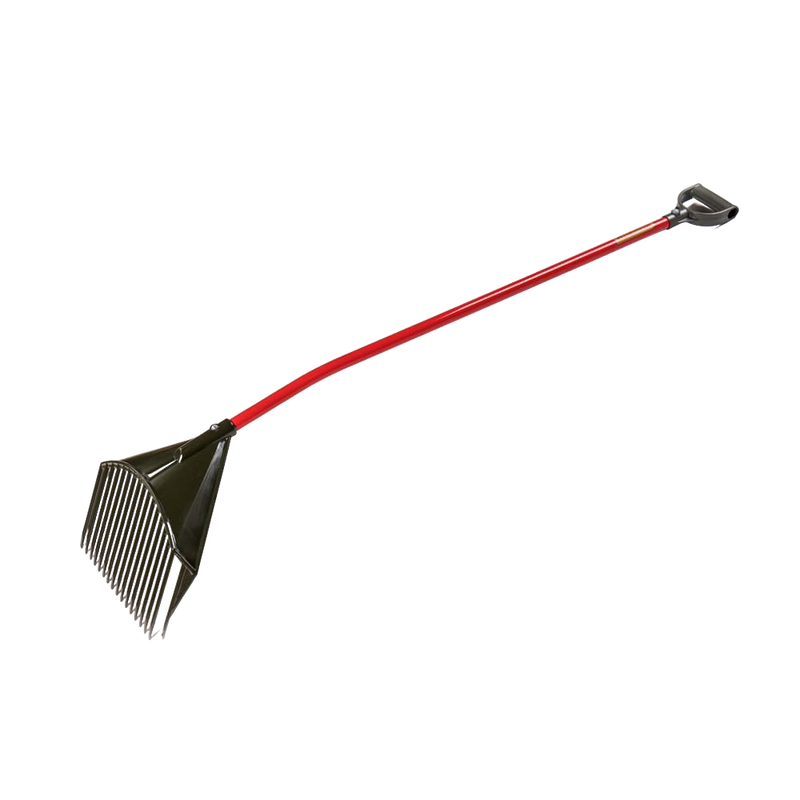 Unique handcrafted yard rake with a red ergonomic shaft and metal tines, designed for easy leaf and debris removal without bending, featured in Farm, Garden & Tool and Best Sellers collections.