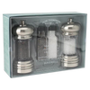Set of two acrylic mills with chrome tops and bases filled with sea salt and black peppercorns, including refills, perfect for Kitchen & Food, Pantry, and Grilling needs.