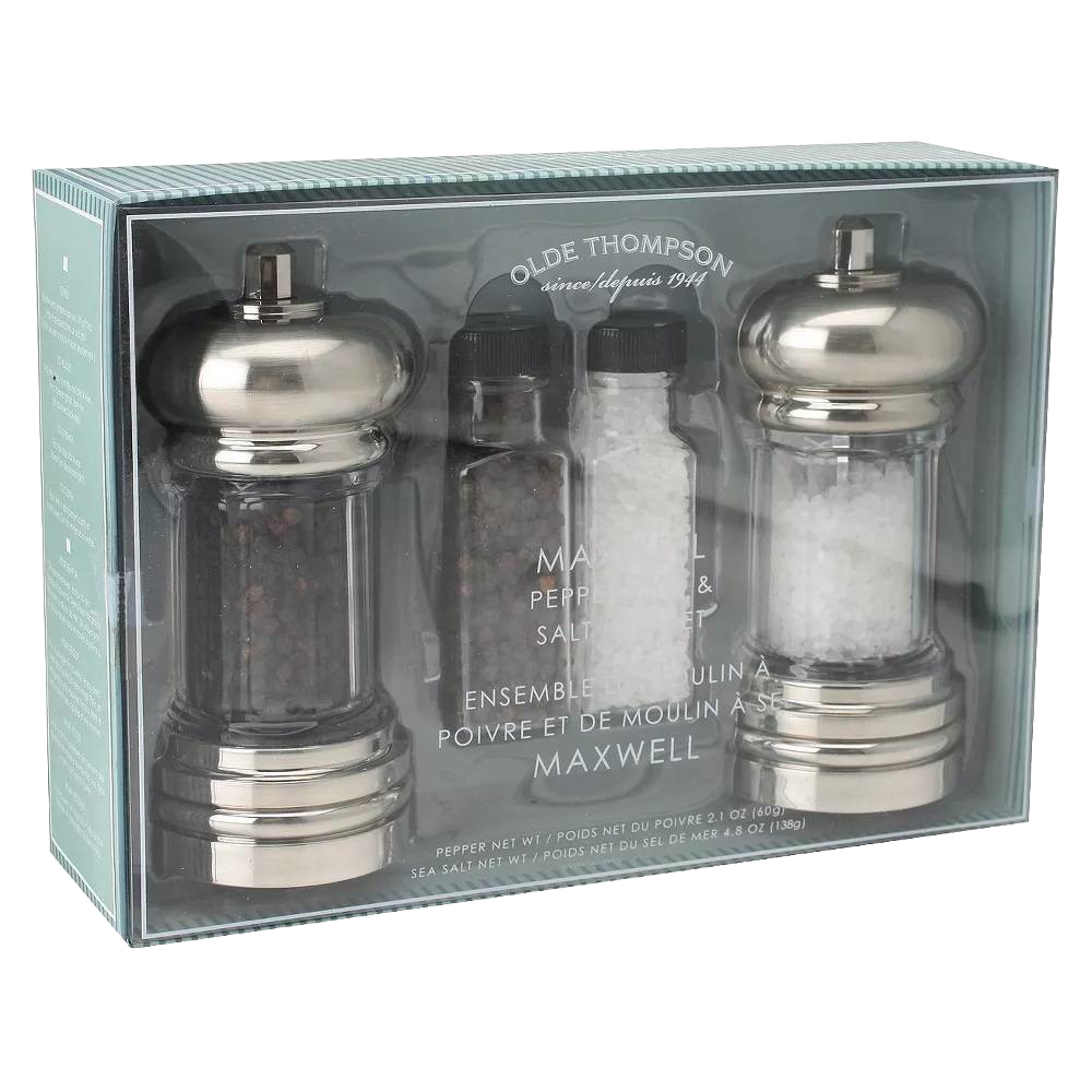 Set of two acrylic mills with chrome tops and bases filled with sea salt and black peppercorns, including refills, perfect for Kitchen & Food, Pantry, and Grilling needs.