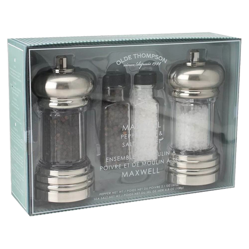 Set of two acrylic mills with chrome tops and bases filled with sea salt and black peppercorns, including refills, perfect for Kitchen & Food, Pantry, and Grilling needs.