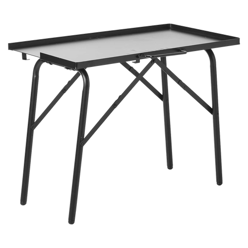Black collapsible outdoor cooking table with sturdy all-steel frame and three-sided raised edges, suitable for camping and farm use, featured in best sellers and promo collections.