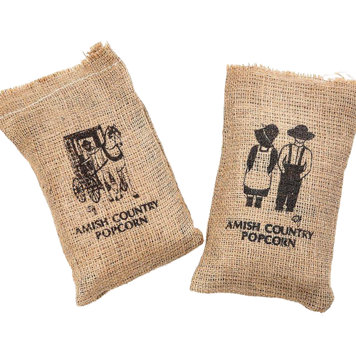 Two handcrafted burlap bags featuring silkscreened Amish Country designs, filled with popcorn, ideal for Kitchen & Food, Snacks and Sweets, USA Made, and Best Sellers collections.