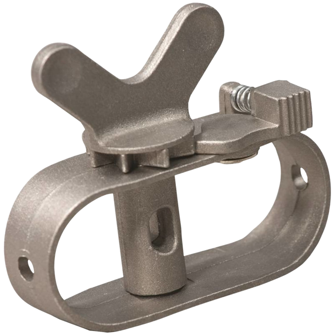 Close-up of a durable metal clothesline ratchet tensioner with a winged handle and locking mechanism, designed for easy tightening in laundry and home decor settings.