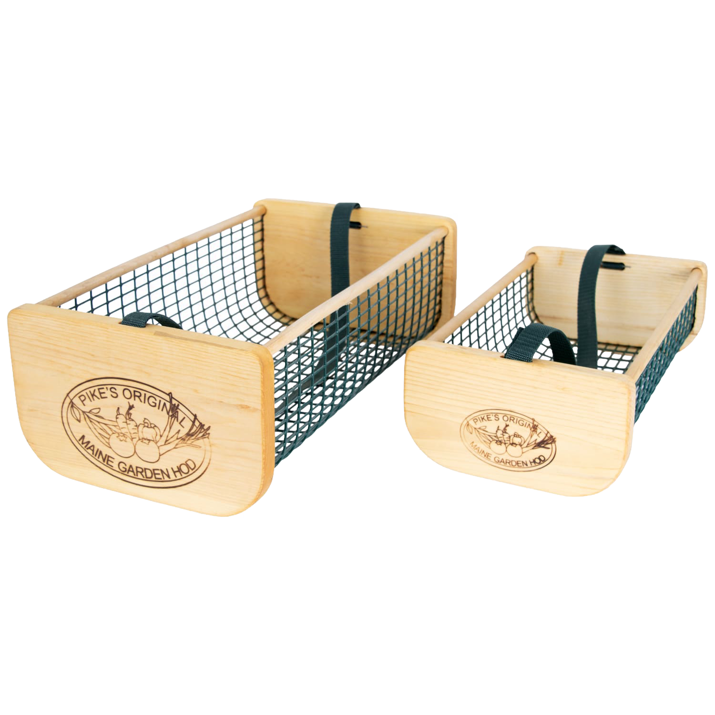 Two handcrafted Maine garden hods with wooden end panels and black wire mesh bodies, featuring engraved logos and black straps, part of Farm, Garden & Tool, USA Made, and Best Sellers collections.