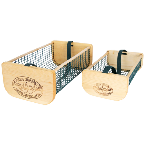 Two handcrafted Maine garden hods with wooden end panels and black wire mesh bodies, featuring engraved logos and black straps, part of Farm, Garden & Tool, USA Made, and Best Sellers collections.