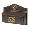 Custom bronze and gold wall-mounted mailbox featuring a personalized house number and monogram, handcrafted in the USA, ideal for Home & Decor and Mailboxes and Address Signs collections.