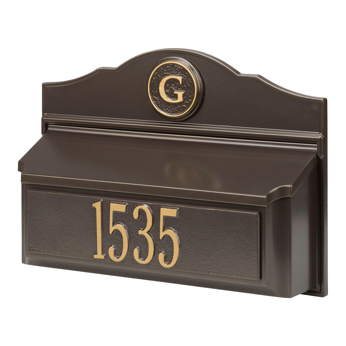 Custom bronze and gold wall-mounted mailbox featuring a personalized house number and monogram, handcrafted in the USA, ideal for Home & Decor and Mailboxes and Address Signs collections.