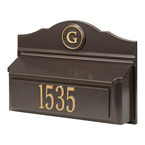 Custom bronze and gold wall-mounted mailbox featuring a personalized house number and monogram, handcrafted in the USA, ideal for Home & Decor and Mailboxes and Address Signs collections.