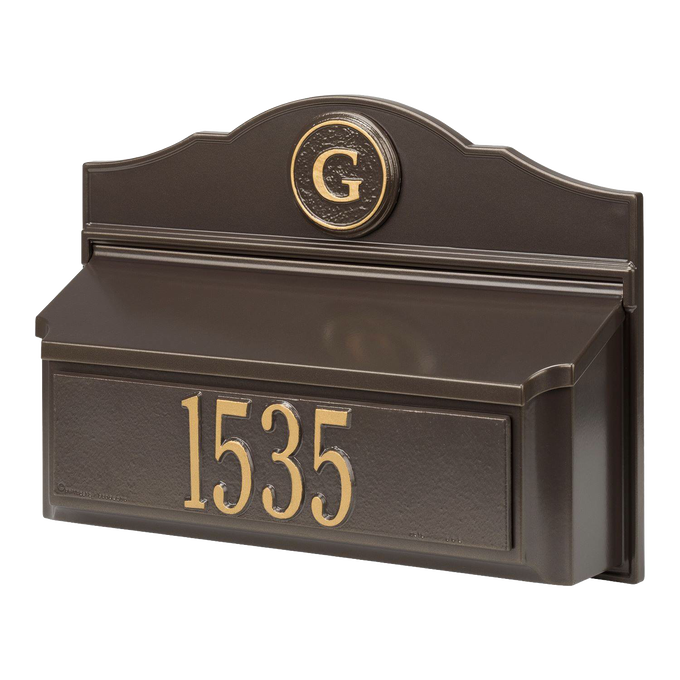 Custom bronze and gold wall-mounted mailbox featuring a personalized house number and monogram, handcrafted in the USA, ideal for Home & Decor and Mailboxes and Address Signs collections.