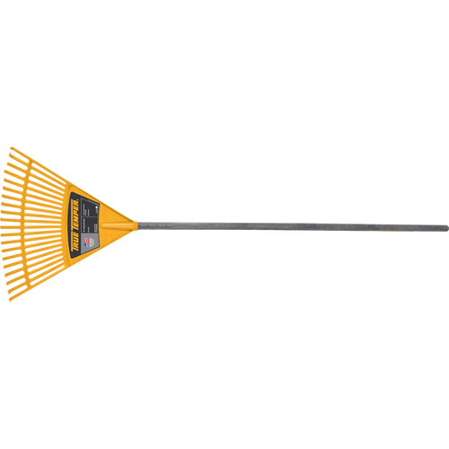 Yellow plastic leaf rake with a long metal handle, designed for outdoor play and gardening, suitable for children ages 6 and up with adult supervision, featured in Toys, Children's Toys, Outdoor Play, and Best Sellers collections.
