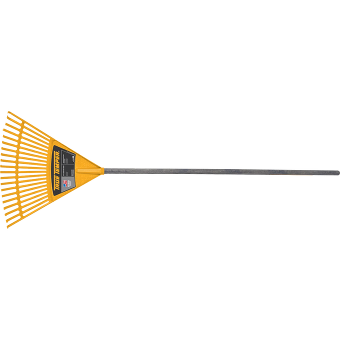 Yellow plastic leaf rake with a long metal handle, designed for outdoor play and gardening, suitable for children ages 6 and up with adult supervision, featured in Toys, Children's Toys, Outdoor Play, and Best Sellers collections.