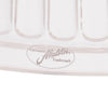 Close-up of a clear glass oil lamp shade edge with embossed Aladdin trademark, showcasing craftsmanship in lighting parts and accessories collections.