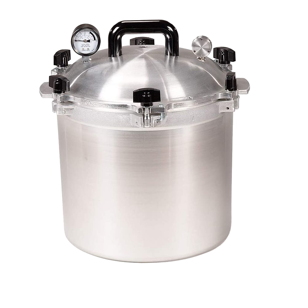 Handcrafted large aluminum pressure canner with secure locking lid, built-in pressure gauge, and safety valve, designed for safe food preservation in Kitchen & Food and Canning collections.