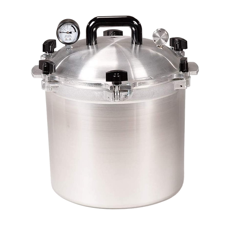 Handcrafted large aluminum pressure canner with secure locking lid, built-in pressure gauge, and safety valve, designed for safe food preservation in Kitchen & Food and Canning collections.
