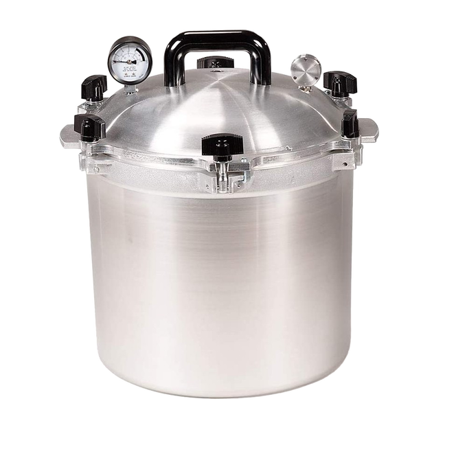 Handcrafted large aluminum pressure canner with secure locking lid, built-in pressure gauge, and safety valve, designed for safe food preservation in Kitchen & Food and Canning collections.