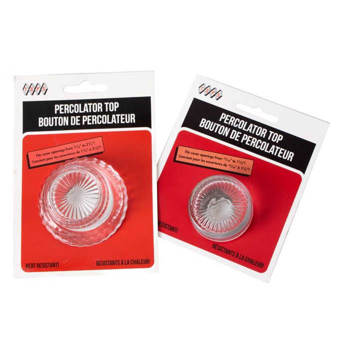 Set of two glass percolator tops in small and large sizes with heat-resistant clear glass, designed for reliable use in brewing coffee, featured in Kitchen & Food and Best Sellers collections.