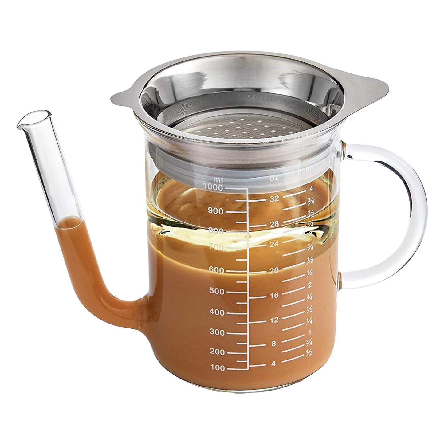 Clear borosilicate glass strainer and measuring pitcher with wide spout and stainless steel mesh top, perfect for Kitchen & Food, Food Prep, and Measuring collections.