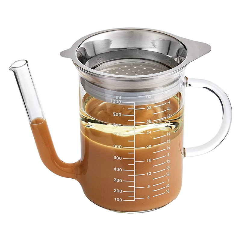 Clear borosilicate glass strainer and measuring pitcher with wide spout and stainless steel mesh top, perfect for Kitchen & Food, Food Prep, and Measuring collections.