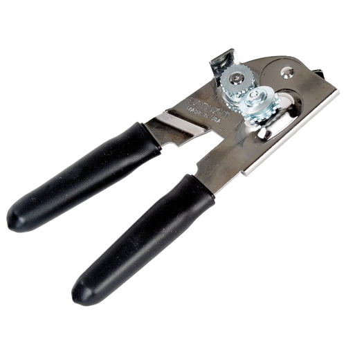 Heavy gauge chromed steel can opener with black rubberized grips for comfortable use, handcrafted in the USA, featured in Kitchen Gadgets, Kitchen Accessories, and Best Sellers collections.