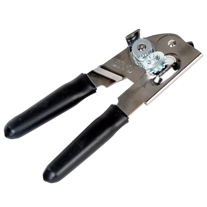 Heavy gauge chromed steel can opener with black rubberized grips for comfortable use, handcrafted in the USA, featured in Kitchen Gadgets, Kitchen Accessories, and Best Sellers collections.