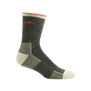 Midweight men's hiking sock in dark green with beige heel and toe, orange mountain logo and cuff accents, designed for comfort and durability, made in USA, ideal for camping and outdoor collections at Lehman’s.