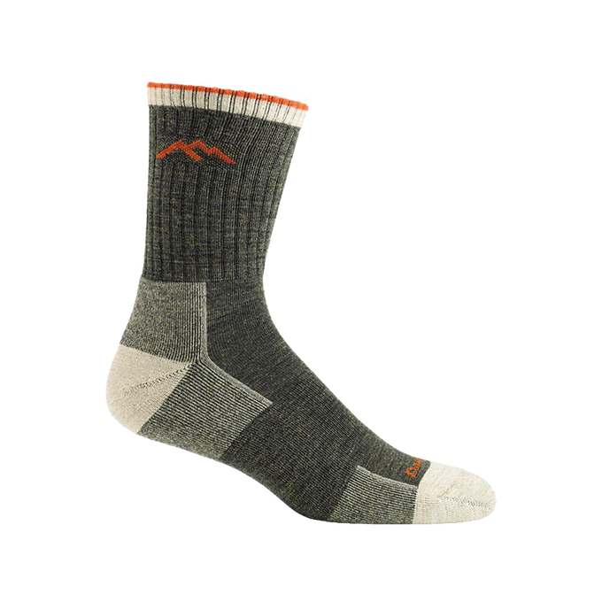 Midweight men's hiking sock in dark green with beige heel and toe, orange mountain logo and cuff accents, designed for comfort and durability, made in USA, ideal for camping and outdoor collections at Lehman’s.