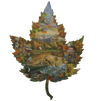 Leaf-shaped jigsaw puzzle featuring a vibrant autumn scene with wildlife, hot air balloon, rustic cabin, and schoolhouse, handcrafted in USA, ideal for Toys, Books & Games and Puzzles collections.