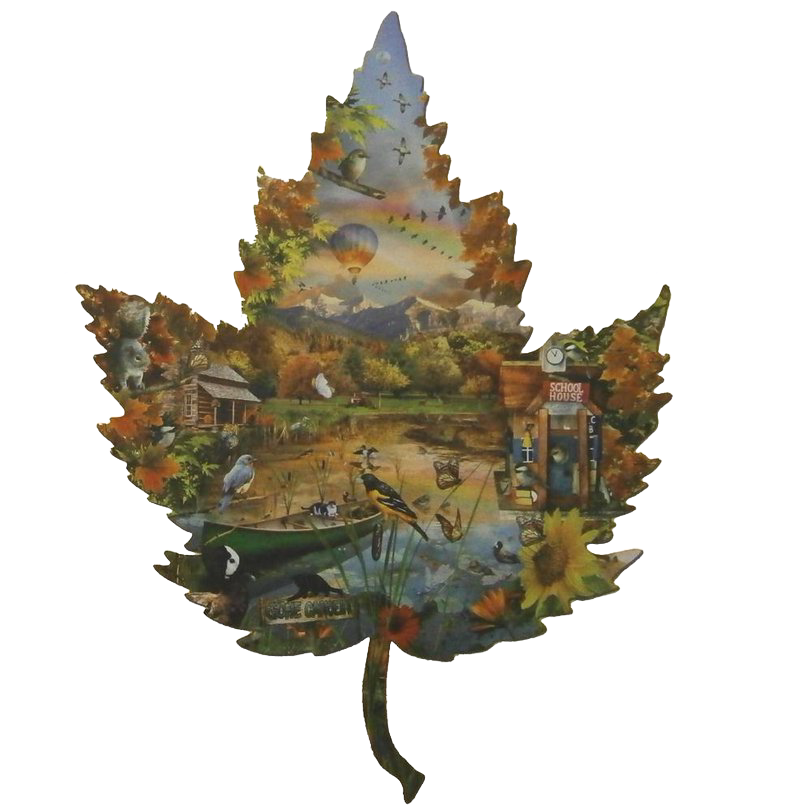 Leaf-shaped jigsaw puzzle featuring a vibrant autumn scene with wildlife, hot air balloon, rustic cabin, and schoolhouse, handcrafted in USA, ideal for Toys, Books & Games and Puzzles collections.