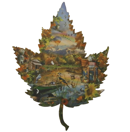Leaf-shaped jigsaw puzzle featuring a vibrant autumn scene with wildlife, hot air balloon, rustic cabin, and schoolhouse, handcrafted in USA, ideal for Toys, Books & Games and Puzzles collections.