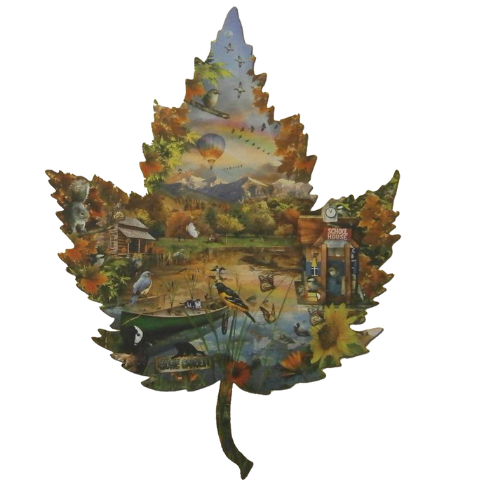 Leaf-shaped jigsaw puzzle featuring a vibrant autumn scene with wildlife, hot air balloon, rustic cabin, and schoolhouse, handcrafted in USA, ideal for Toys, Books & Games and Puzzles collections.