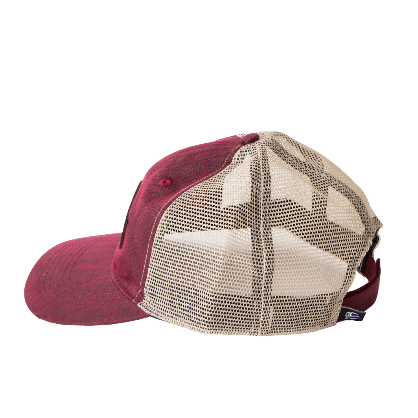 Adjustable vintage-style hat featuring a weathered maroon cotton front and breathable beige mesh back with hook and loop closure, handcrafted for lasting comfort in Health & Wellness, Clothing and Accessories, Best Sellers, and Promo Eligible collections.