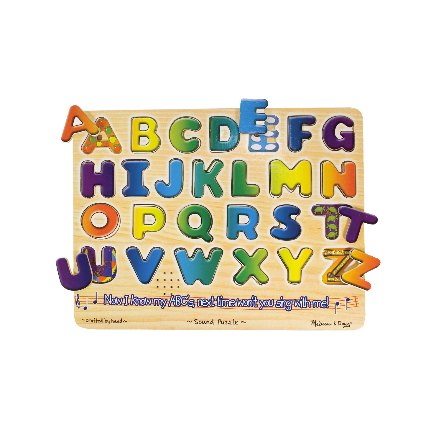Colorful wooden alphabet puzzle with raised letters featuring playful illustrations, designed for children’s learning and engagement, included in Toys, Children's Toys, and Wooden Toys collections.