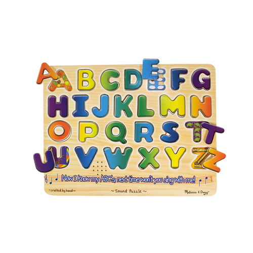 Colorful wooden alphabet puzzle with raised letters featuring playful illustrations, designed for children’s learning and engagement, included in Toys, Children's Toys, and Wooden Toys collections.