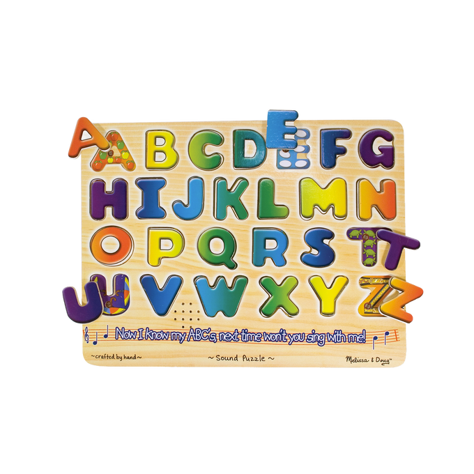 Colorful wooden alphabet puzzle with raised letters featuring playful illustrations, designed for children’s learning and engagement, included in Toys, Children's Toys, and Wooden Toys collections.