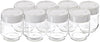 Set of eight clear glass yogurt jars with white plastic screw-on lids featuring a date-saver, ideal for homemade yogurt, featured in Kitchen & Food, Specialty Equipment, and DIY Cheese collections.