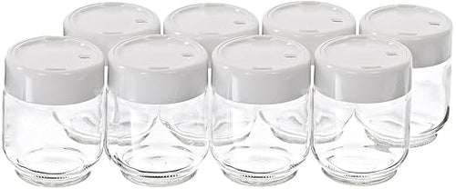 Set of eight clear glass yogurt jars with white plastic screw-on lids featuring a date-saver, ideal for homemade yogurt, featured in Kitchen & Food, Specialty Equipment, and DIY Cheese collections.