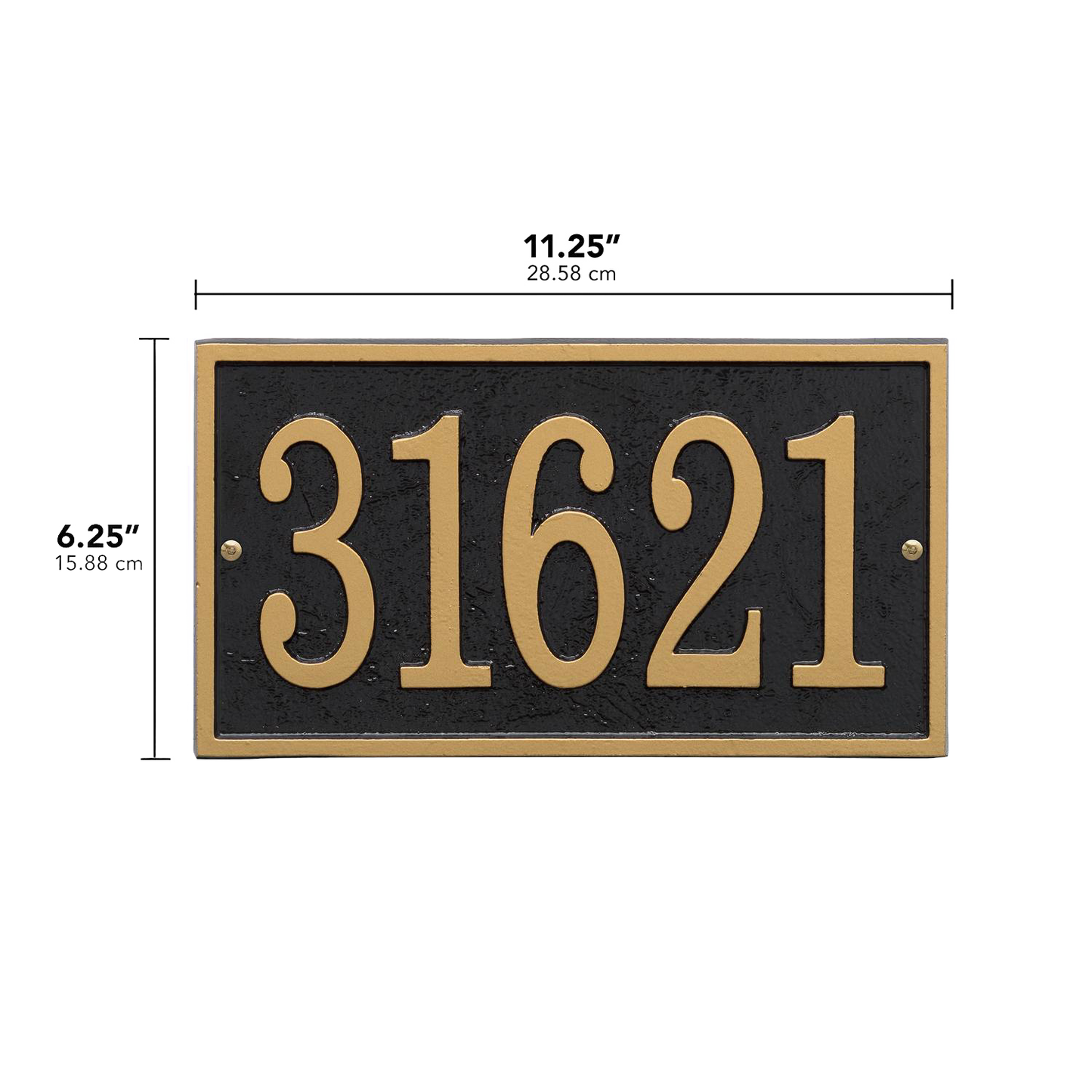 Elegant black and gold rectangular custom address plaque featuring bold numbers, handcrafted in USA, perfect for adding curb appeal in Home & Decor and Mailboxes and Address Signs collections.