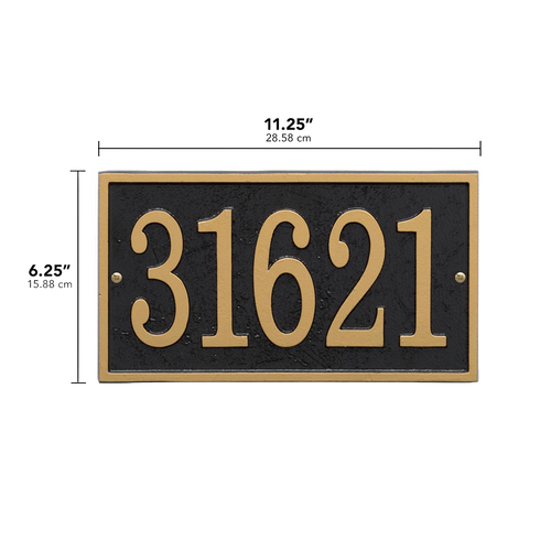 Elegant black and gold rectangular custom address plaque featuring bold numbers, handcrafted in USA, perfect for adding curb appeal in Home & Decor and Mailboxes and Address Signs collections.