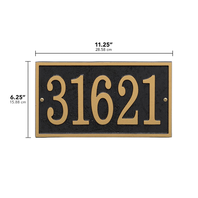 Elegant black and gold rectangular custom address plaque featuring bold numbers, handcrafted in USA, perfect for adding curb appeal in Home & Decor and Mailboxes and Address Signs collections.
