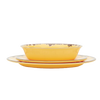 Set of three rustic yellow melamine dishes including a bowl and two plates with distressed brown trim, designed for durability in Kitchen & Food, Storage and Serving, Best Sellers, and Promo Eligible collections.