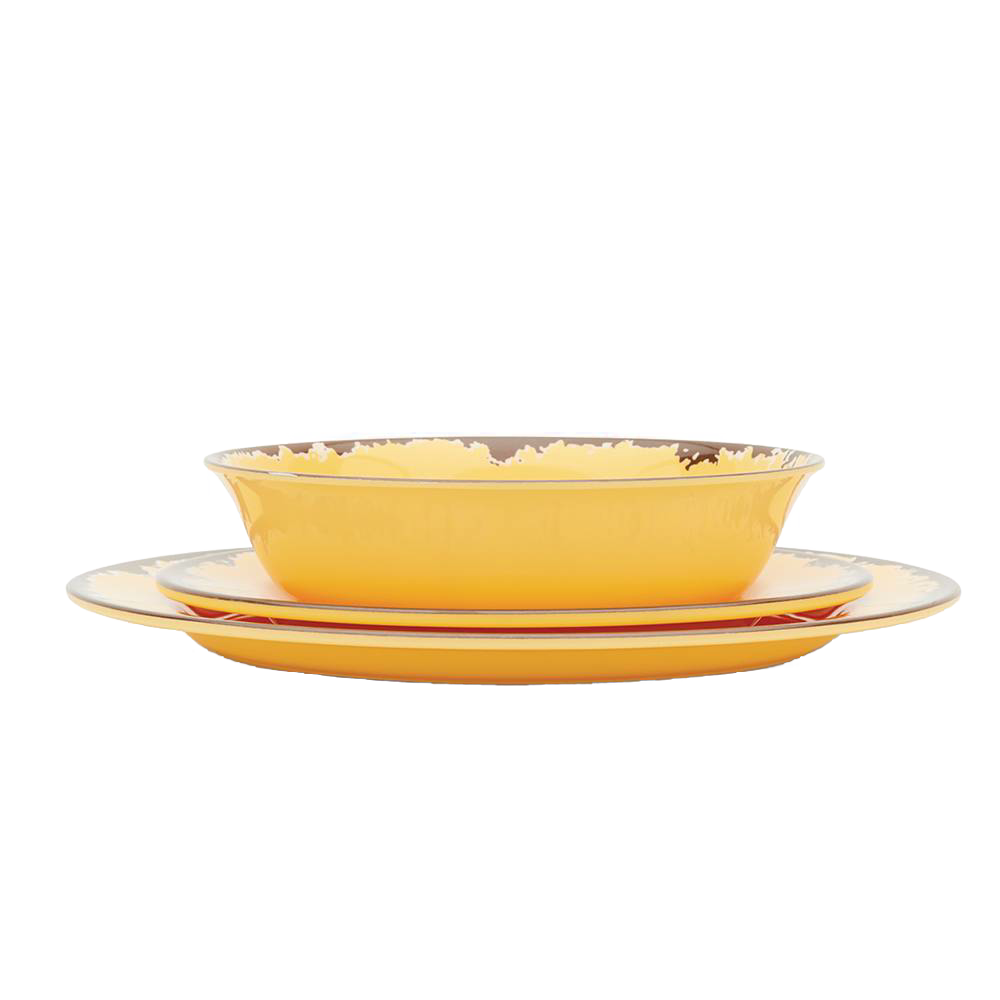 Set of three rustic yellow melamine dishes including a bowl and two plates with distressed brown trim, designed for durability in Kitchen & Food, Storage and Serving, Best Sellers, and Promo Eligible collections.