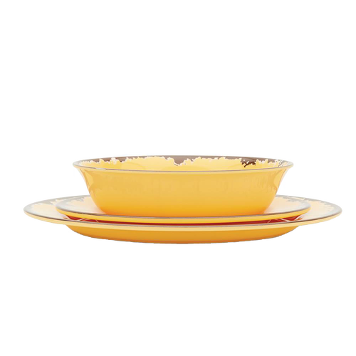 Set of three rustic yellow melamine dishes including a bowl and two plates with distressed brown trim, designed for durability in Kitchen & Food, Storage and Serving, Best Sellers, and Promo Eligible collections.