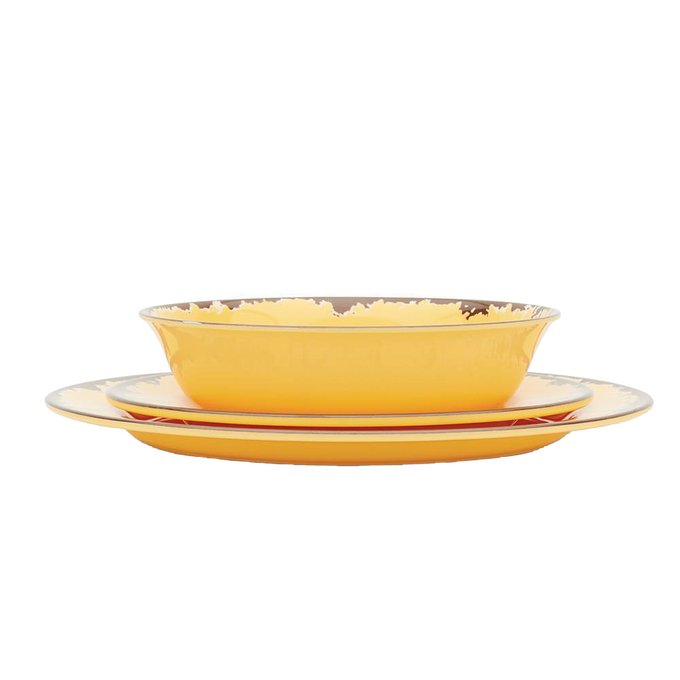 Set of three rustic yellow melamine dishes including a bowl and two plates with distressed brown trim, designed for durability in Kitchen & Food, Storage and Serving, Best Sellers, and Promo Eligible collections.