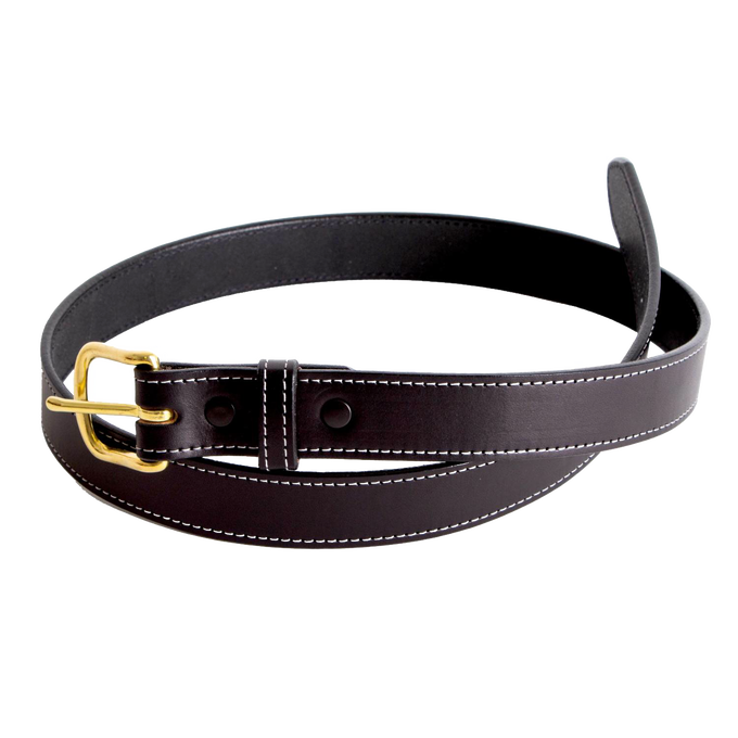 Handcrafted Amish-made dressy 1-inch wide leather belt in rich brown English bridle leather with brass buckle, perfect for Clothing and Accessories, USA Made, and Best Sellers collections.